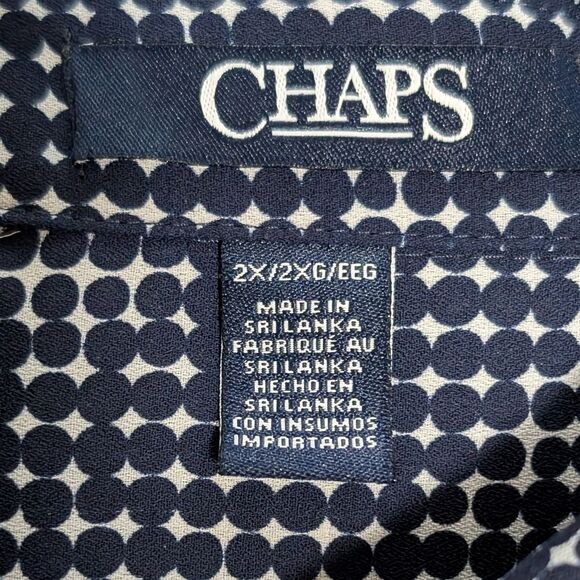 Chaps Geometric Print Semi Shear Blouse Navy 2X Polka Dot Collar Button Front - Picture 3 of 11